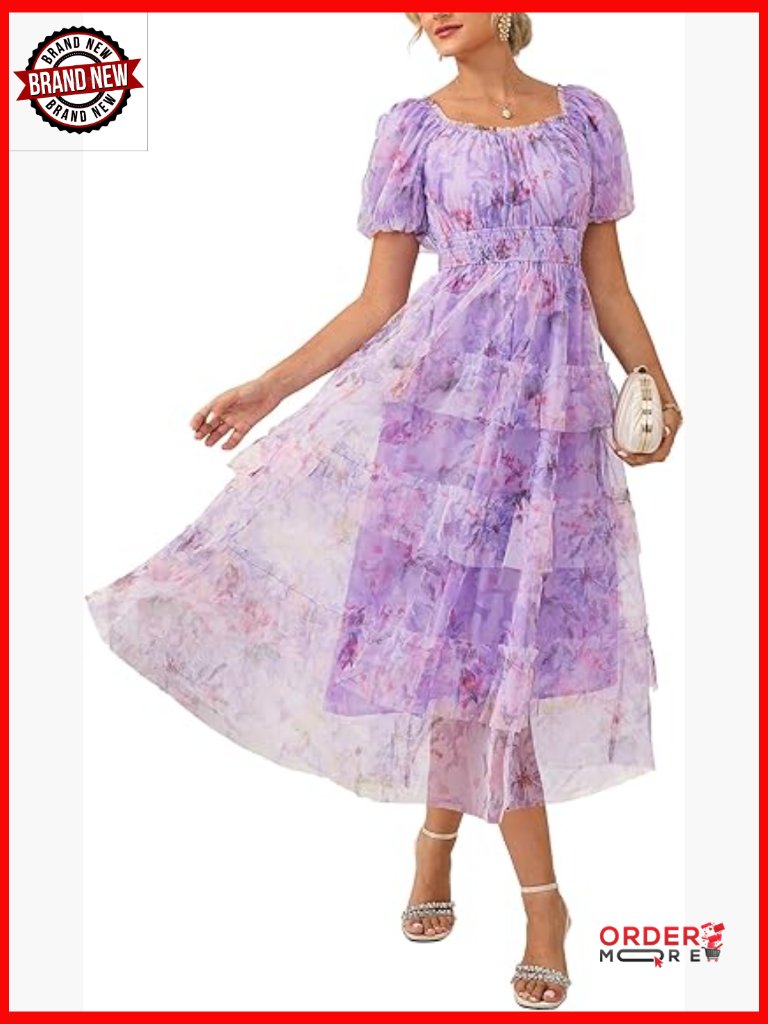 Women's Floral Midi Dress Square Neck Smocked Tulle Flowy Wedding Guest
